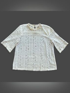 Coastal Boho Sheer Cream Lace Blouse with 1/2 Sleeves